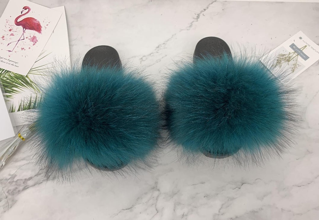 Teal Fur Slides