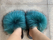 Load image into Gallery viewer, Teal Fur Slides
