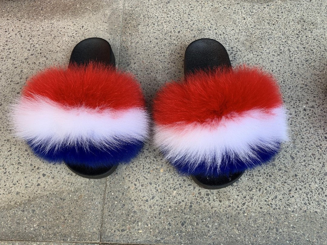 Red White and Blue Fur Slides Too Bougie Swimwear